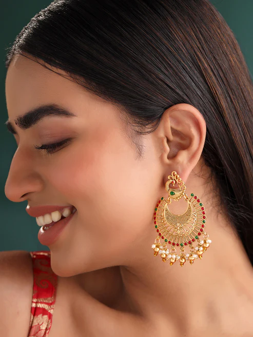 Golden Chandbali Earrings – 7.6 cm Traditional Gold-Plated - Image 2